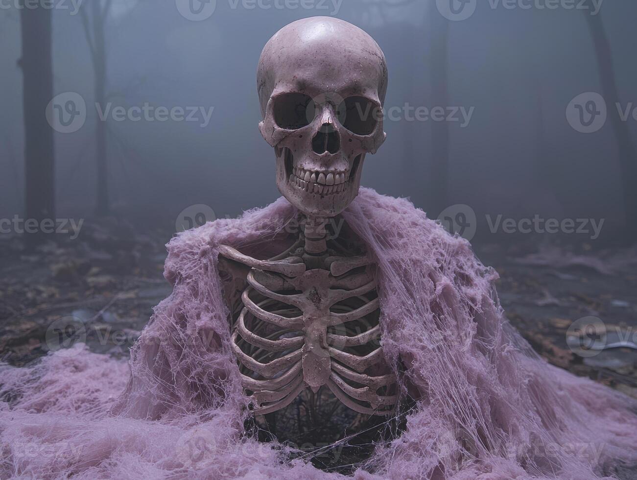 A skeleton draped in pink cloth sits in a foggy forest photo