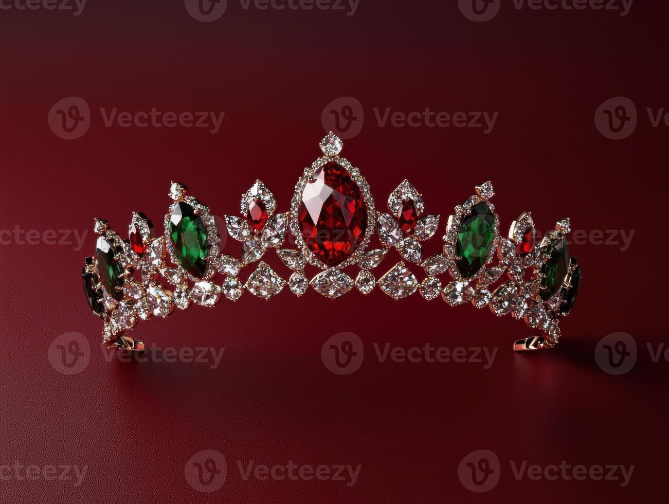 Elegant crown with red and green gems on a red background photo