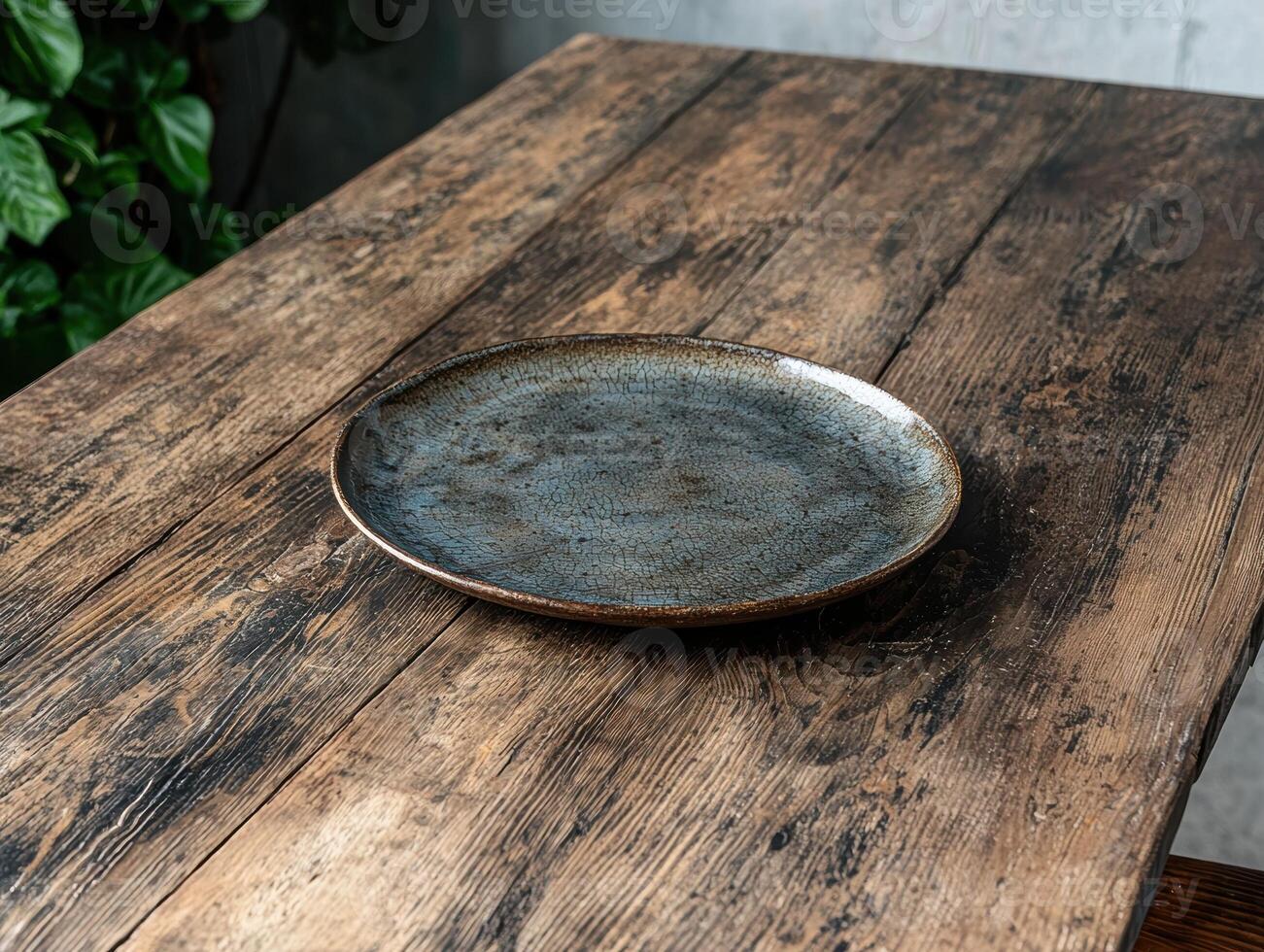 Rustic plate on a wooden table, ready for food presentation photo
