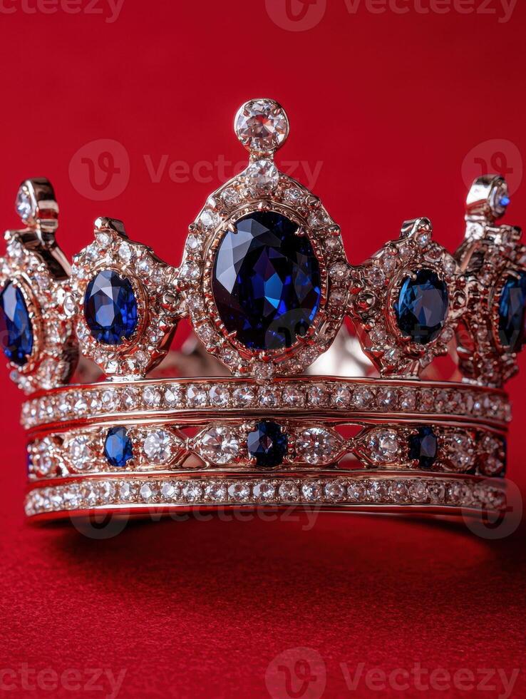 Elegant gold crown with blue and white gemstones on a red background photo