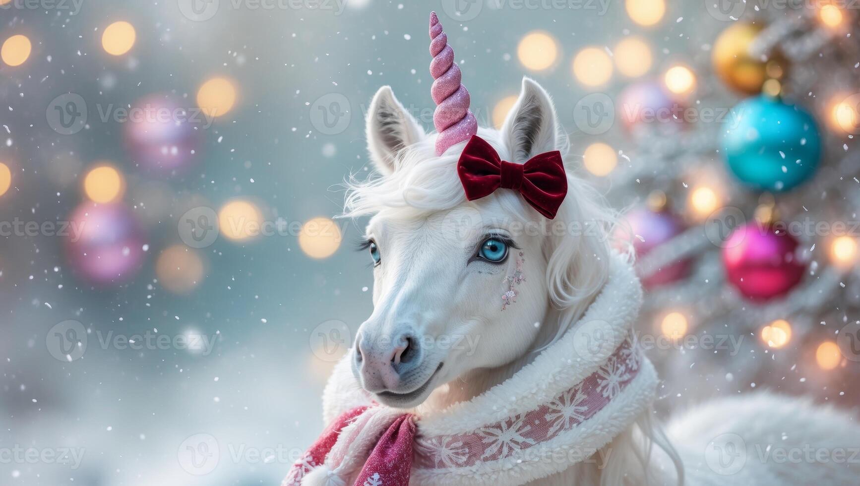 A white unicorn with blue eyes is wearing a scarf photo
