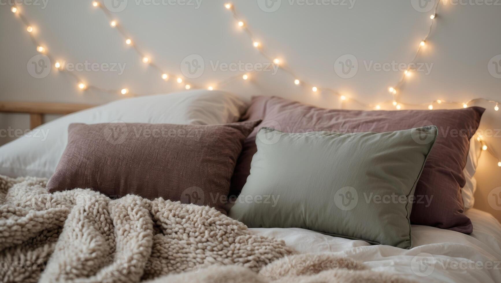 A bed with pillows and blankets covered in blankets and a white sheet photo