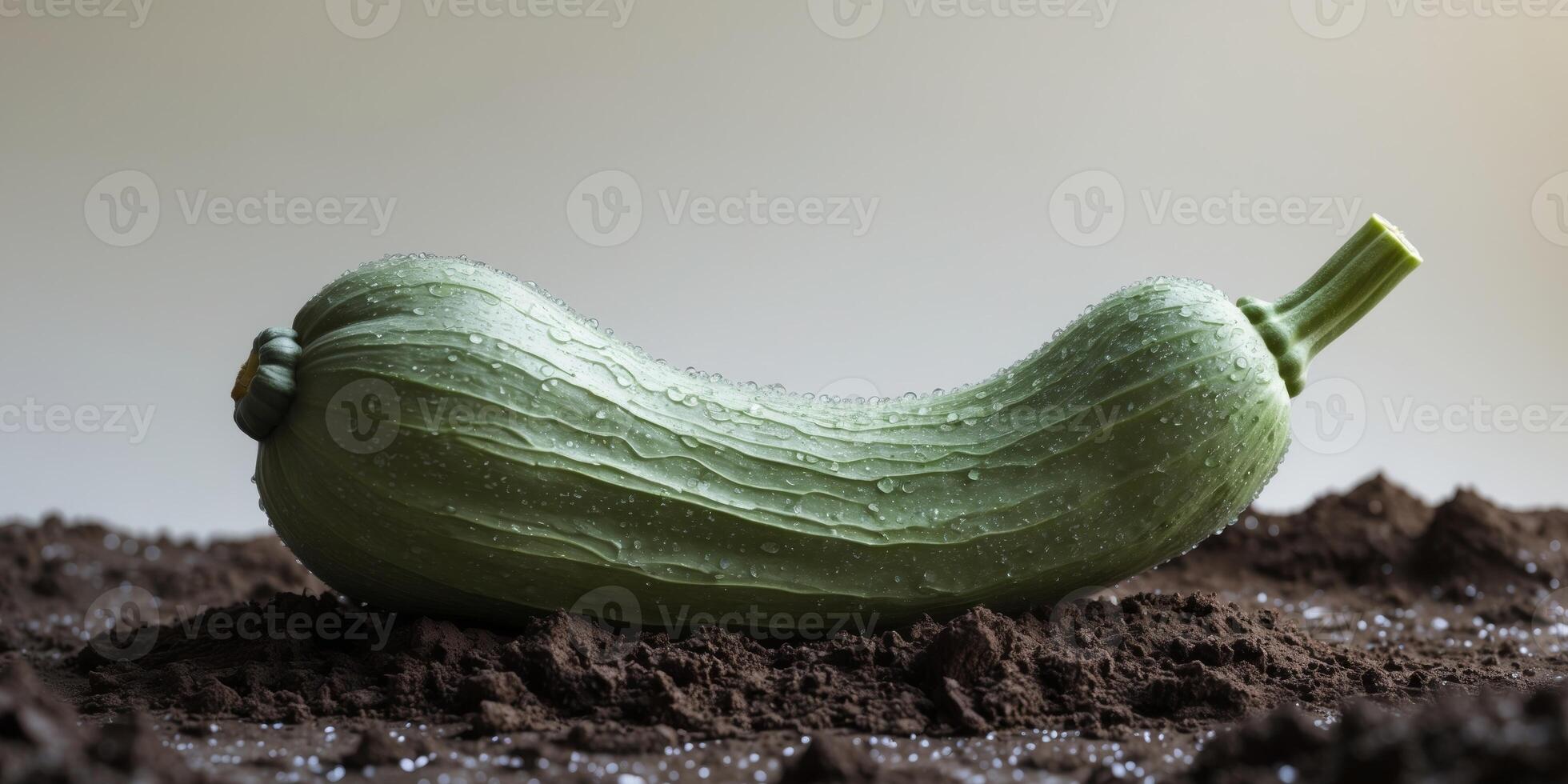 A green squash is sitting on top of dirt photo