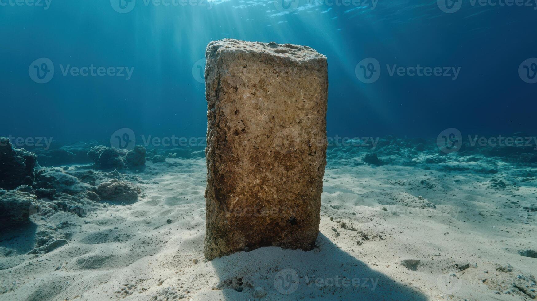 Underwater pillar on a sandy seabed with sun rays photo