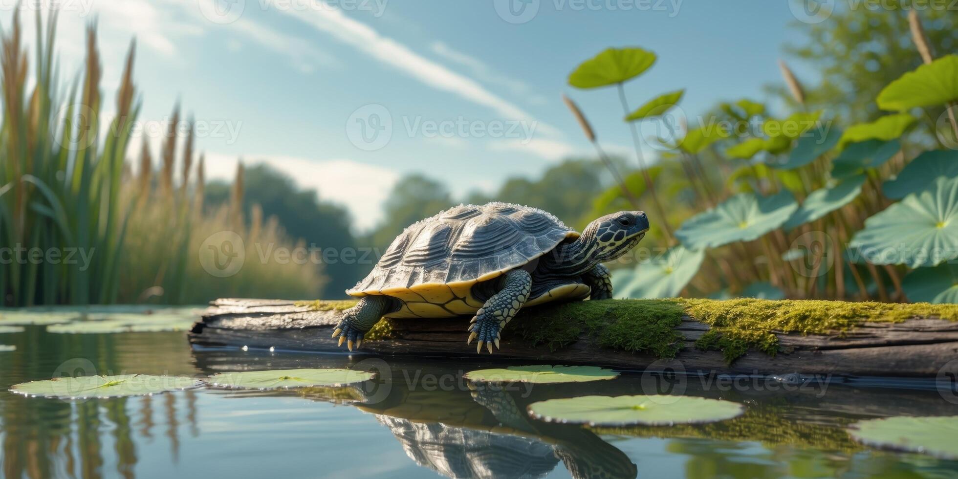 A turtle is sitting on a log in the water photo