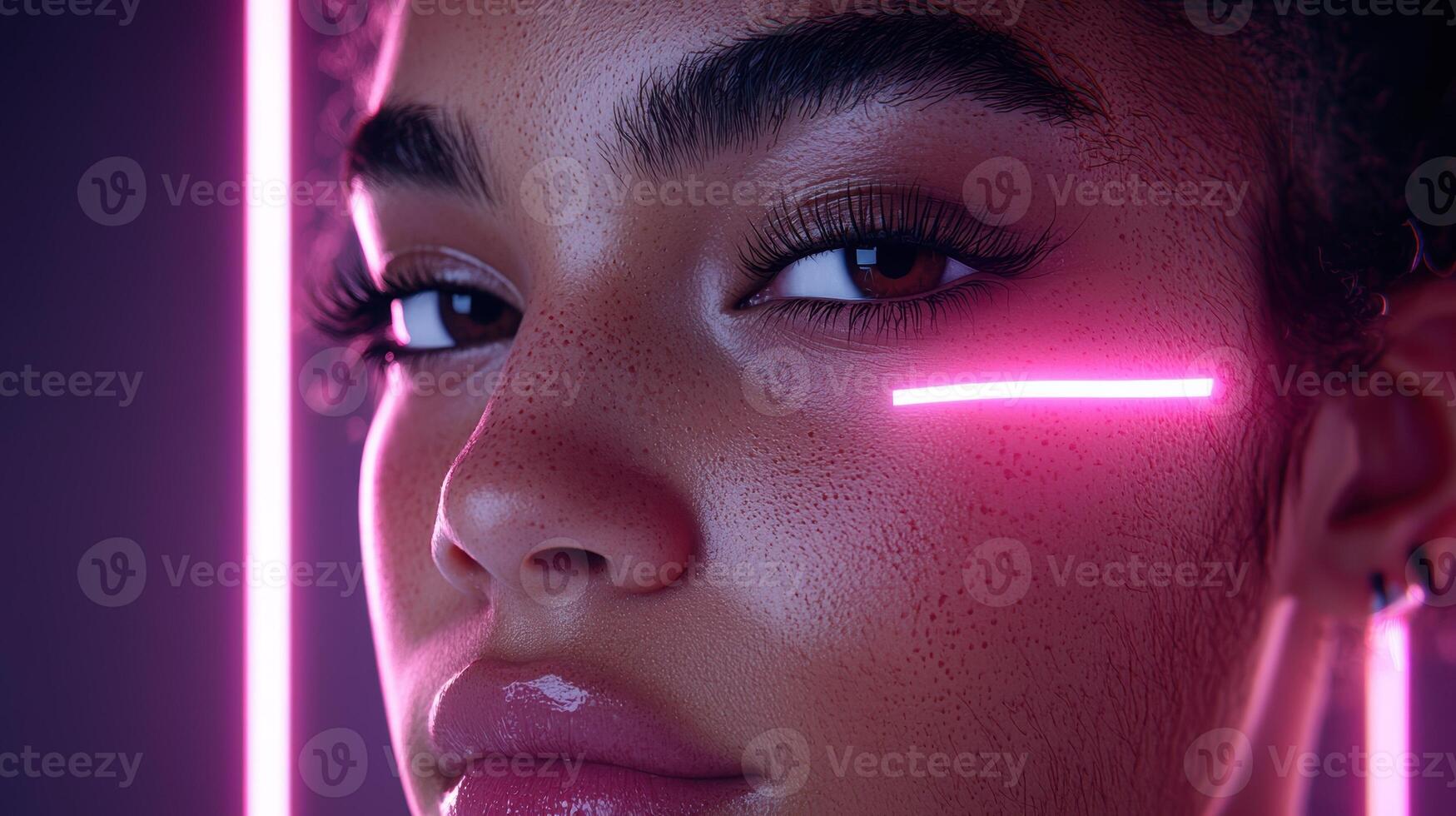 Close up of a womans face with glowing neon light photo