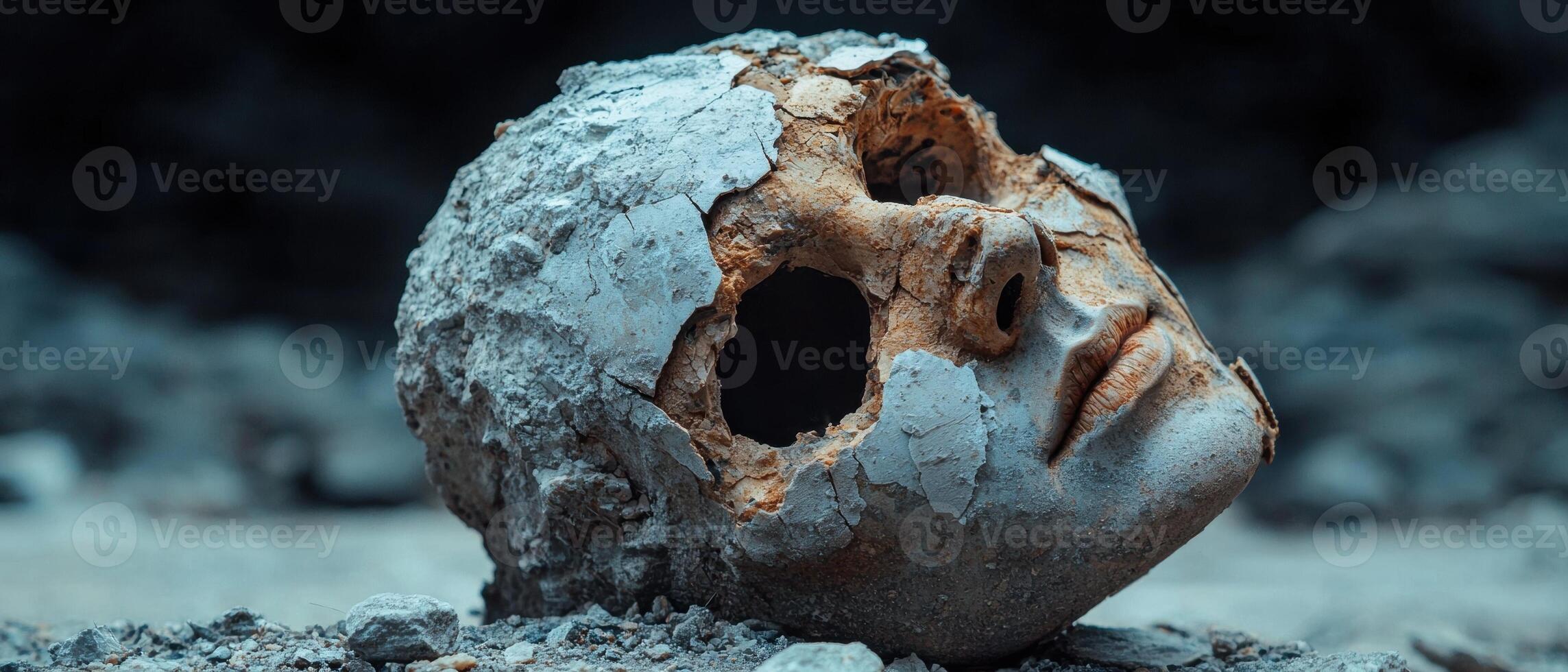A broken stone face lies on the ground photo