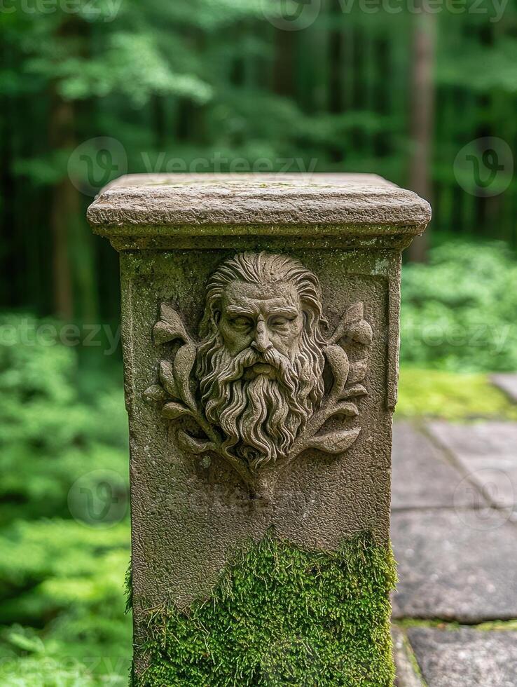 Stone carving of a mans face on a pillar in a garden photo