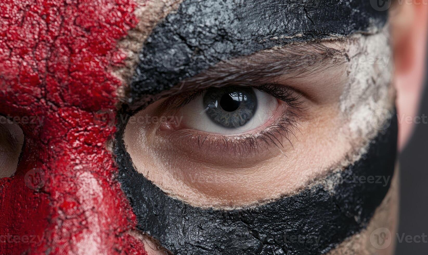 Close up of a persons face with red and black paint photo