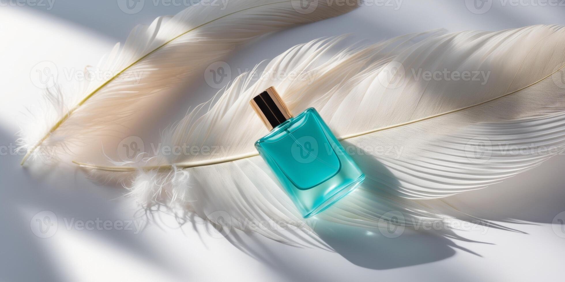 A bottle of perfume on a white feather photo