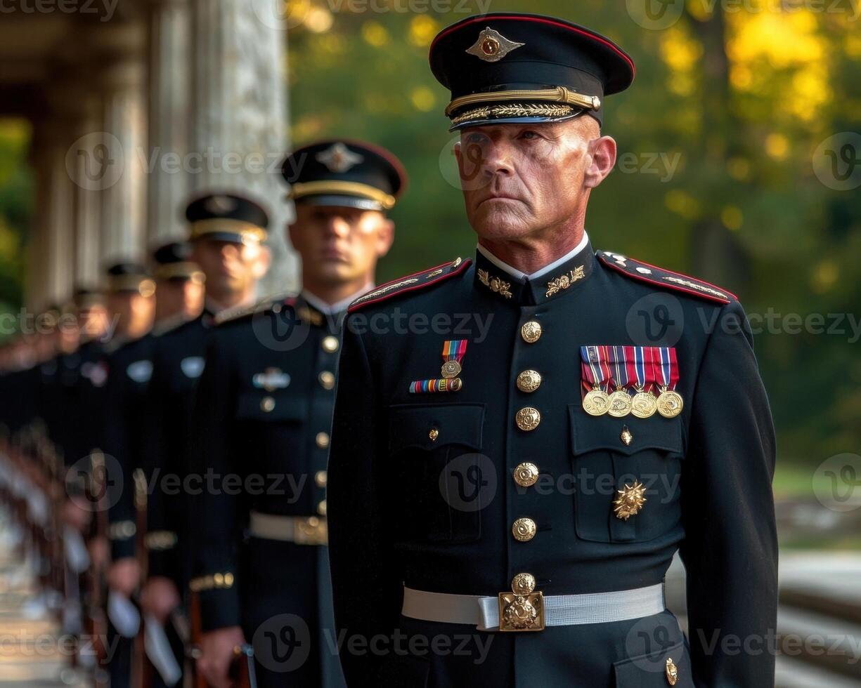 A line of uniformed military officers stand at attention photo