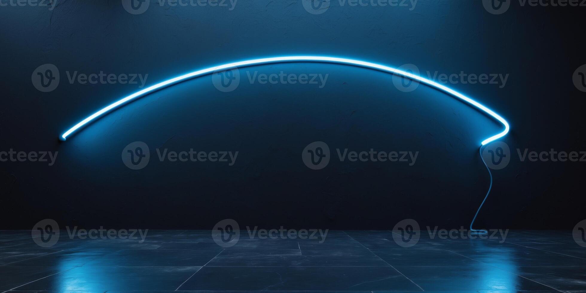 A neon blue curved wall with a light bulb photo