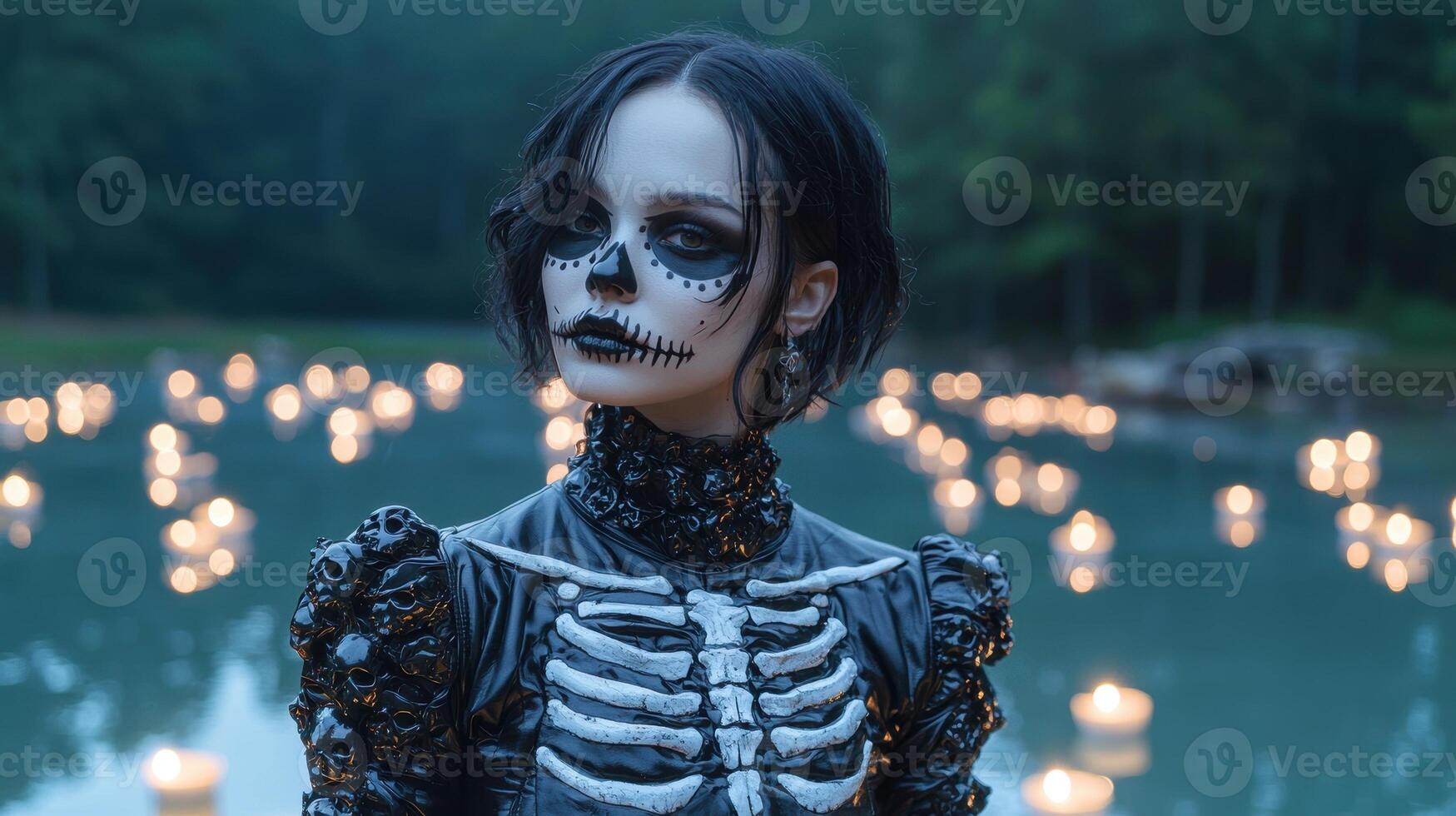 Woman in skeleton costume with face paint at night photo