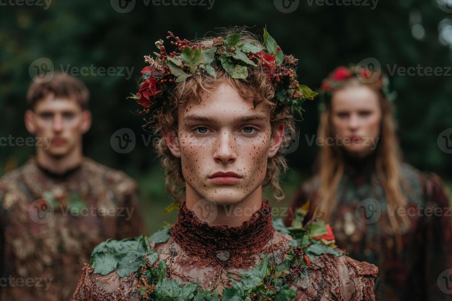 People dressed in foliage and flowers in a forest photo