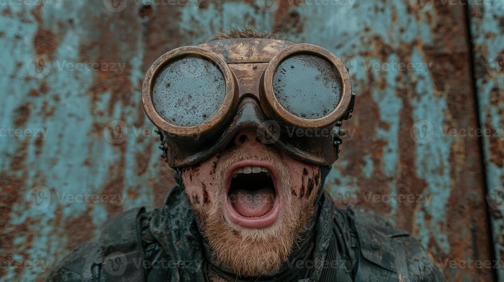 A person wearing goggles with an open mouth in front of a rusty metal wall photo