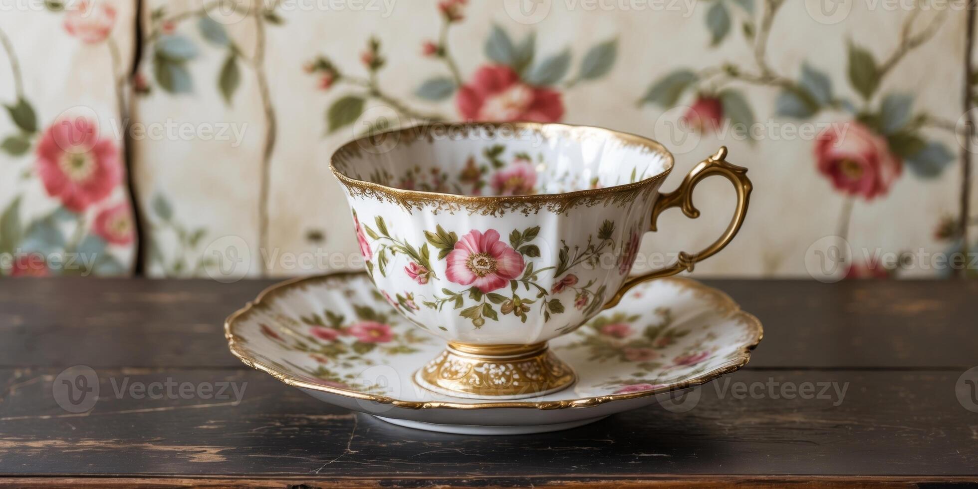 A tea cup and saucer on a table with a floral wallpaper photo