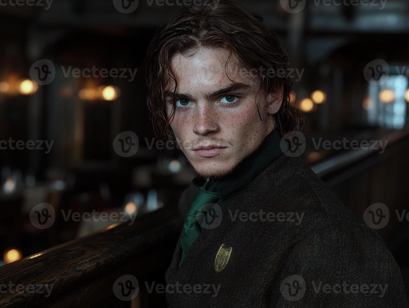 Portrait of a young man with freckles wearing a vintage suit photo