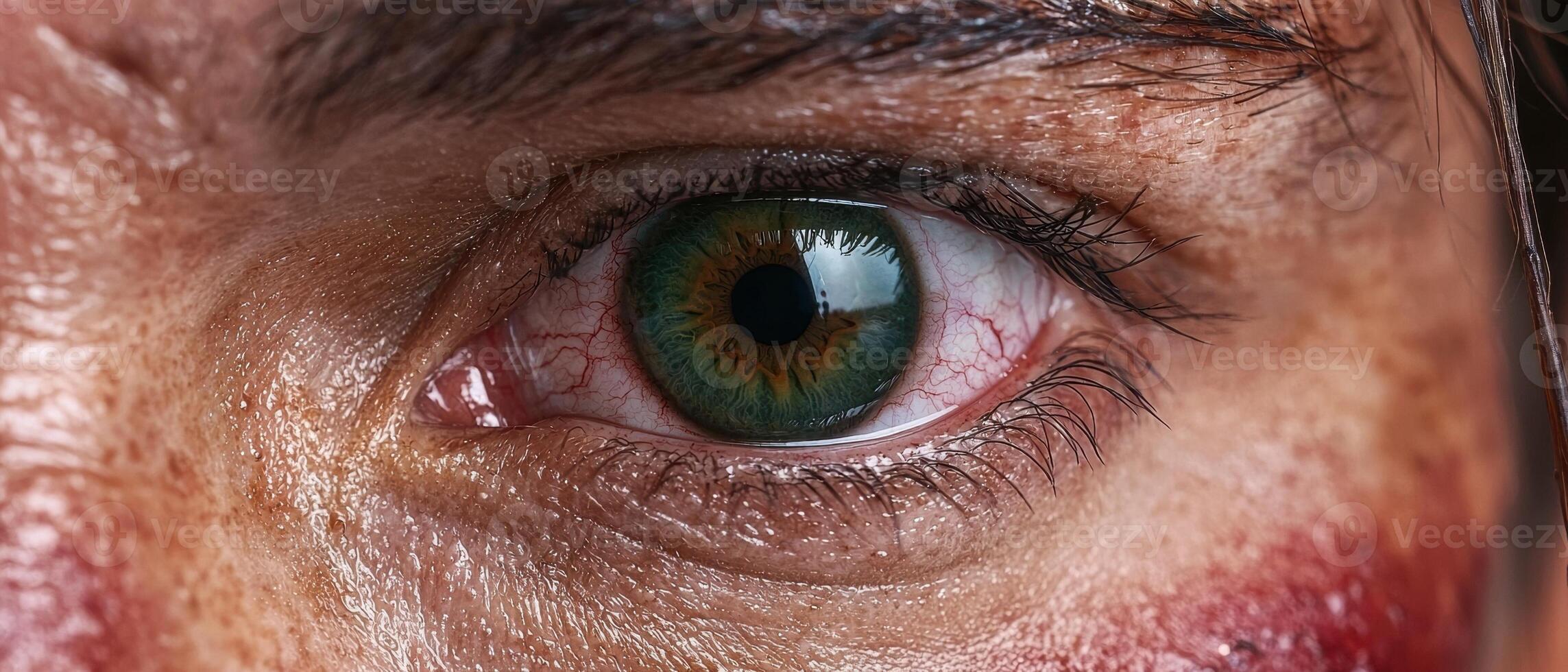 Close up of a bloodshot eye with a green iris photo