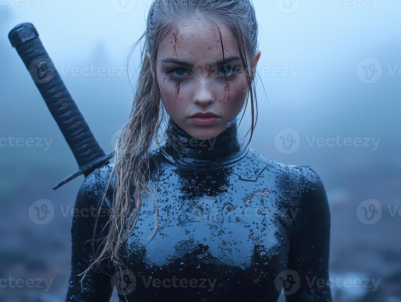 A wet, determined woman with a sword stands ready in a misty landscape photo