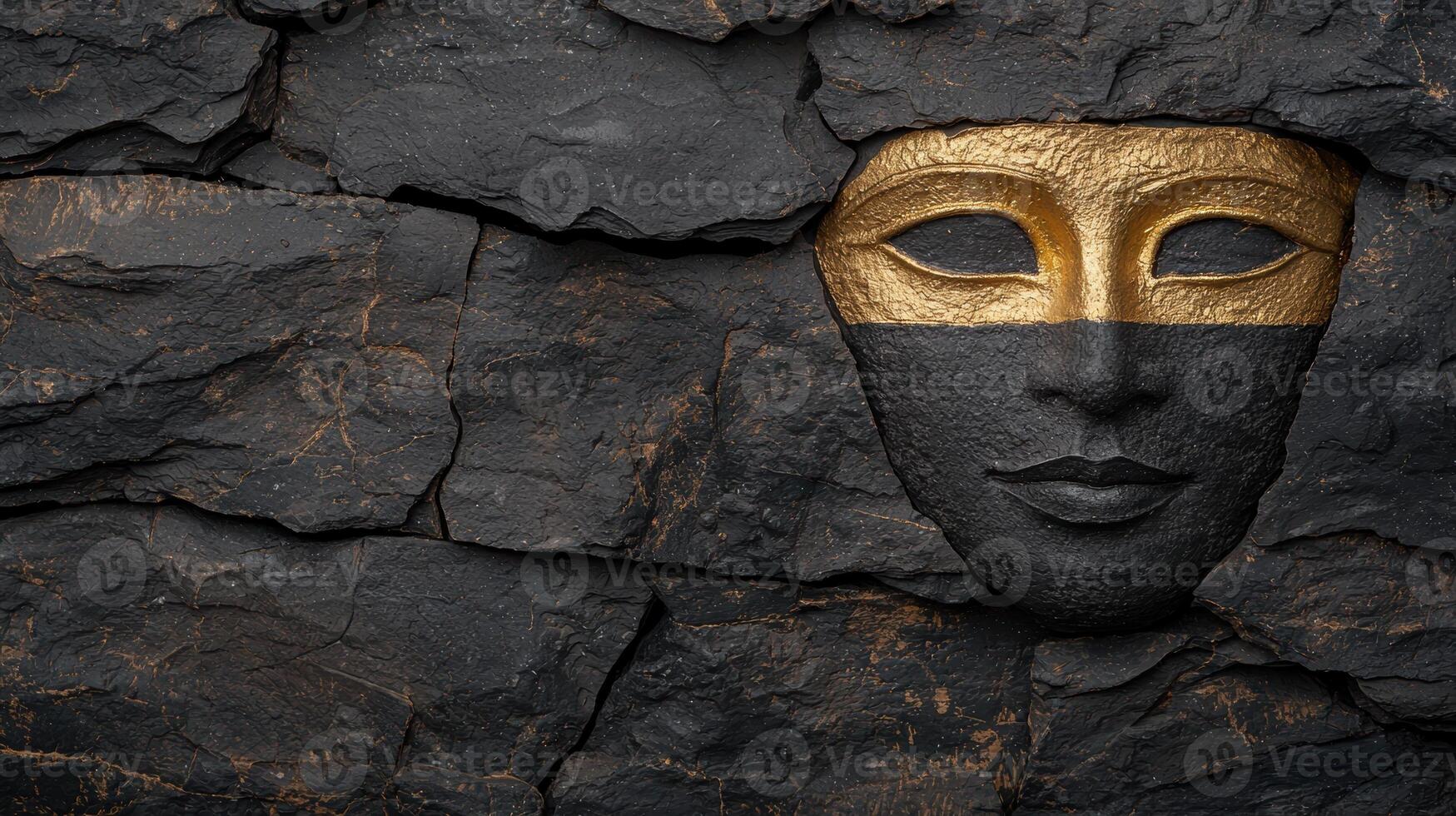 A stone mask with gold and black paint emerges from a rock wall photo