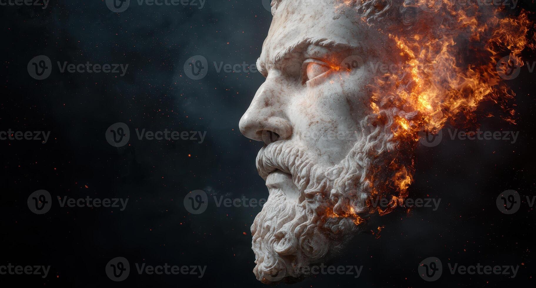 Marble bust of a man engulfed in flames against a dark background photo