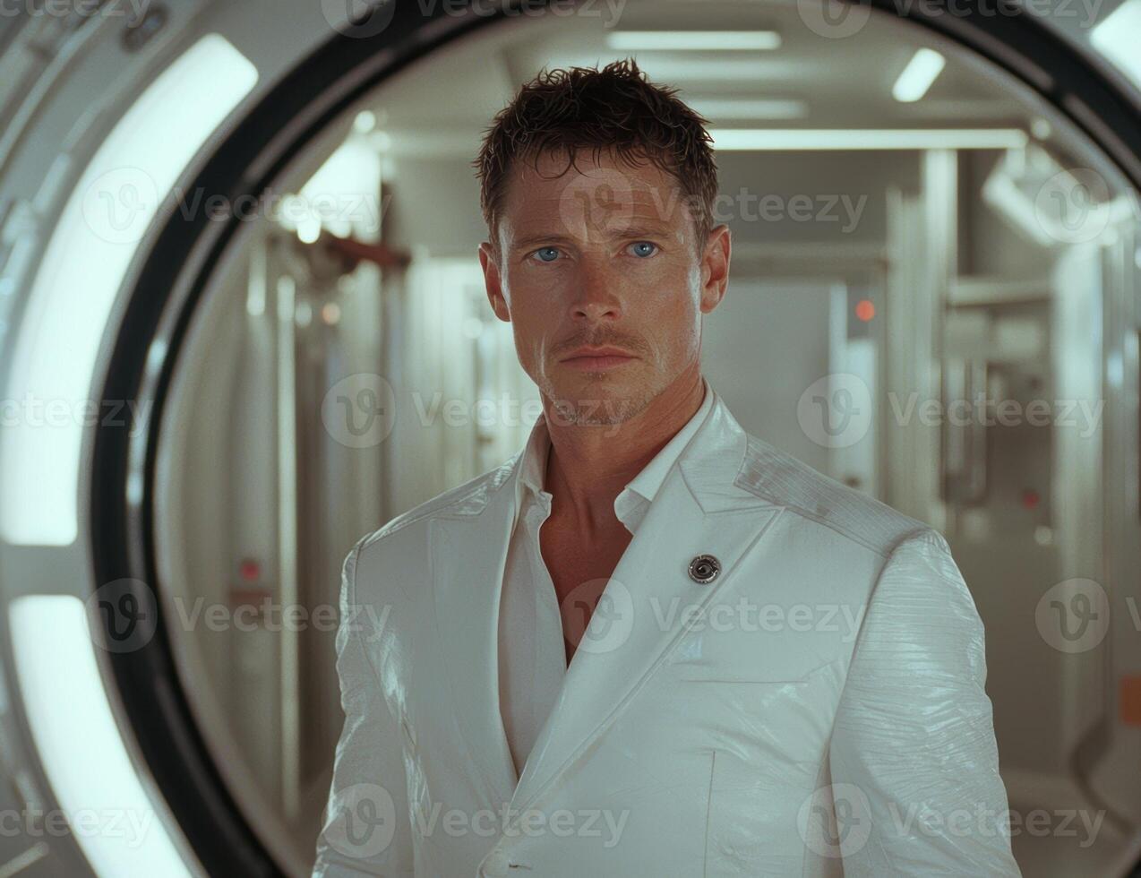 Man in a white suit standing in a futuristic corridor photo