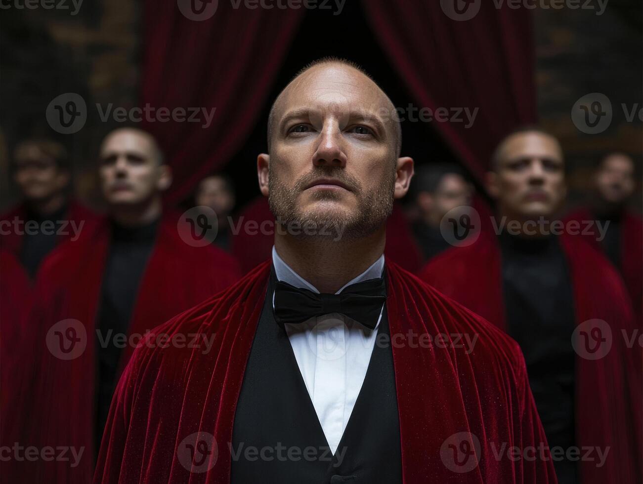 A bald man in a tuxedo and red robe stands among others in a dimly lit room photo