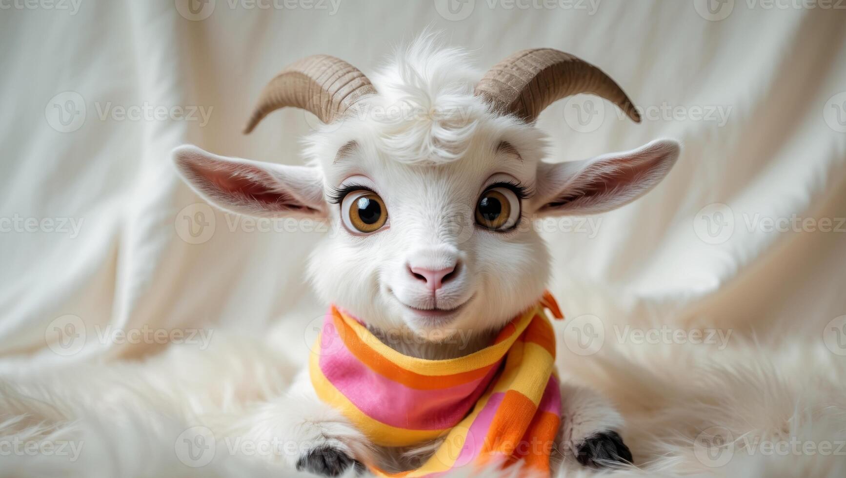 A charming and cute cartoon goat wearing a colorful scarf in a cheerful festive setting. photo