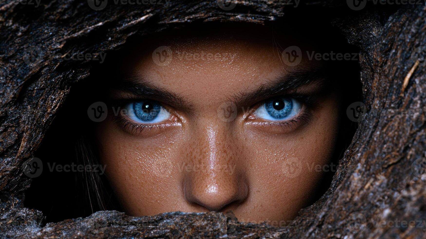 Intense close up of a persons face with striking blue eyes peering through a dark opening photo