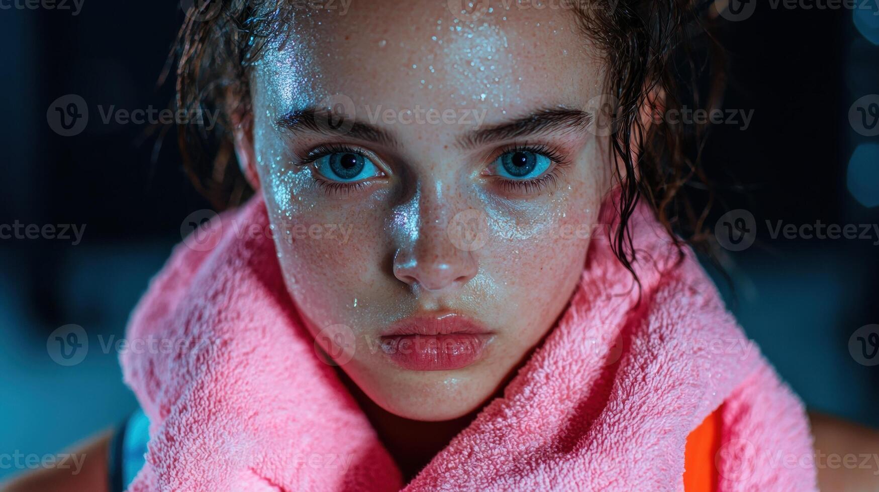 A close up of a sweaty woman with a towel around her neck photo