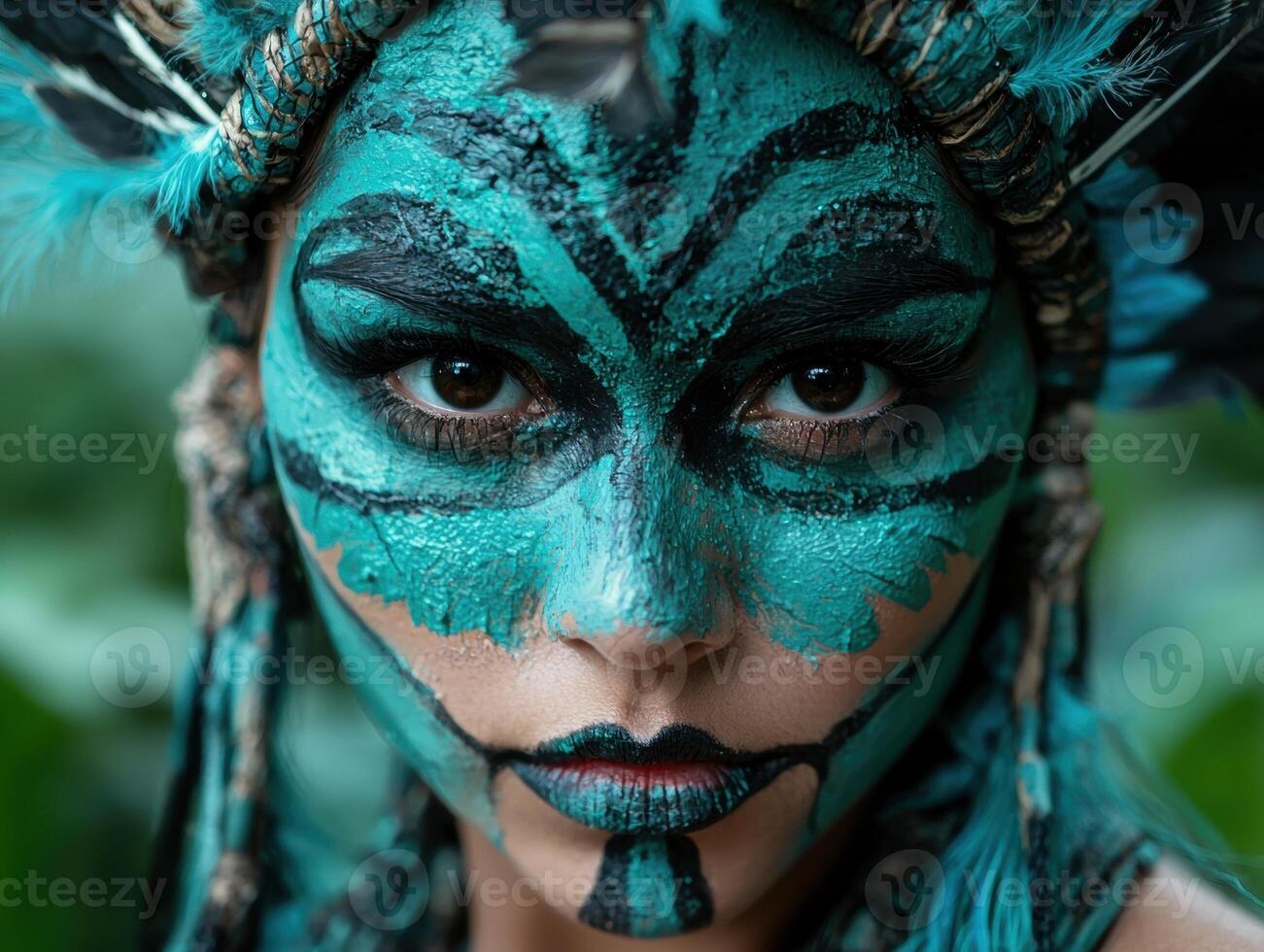 A woman with striking blue and black tribal face paint photo