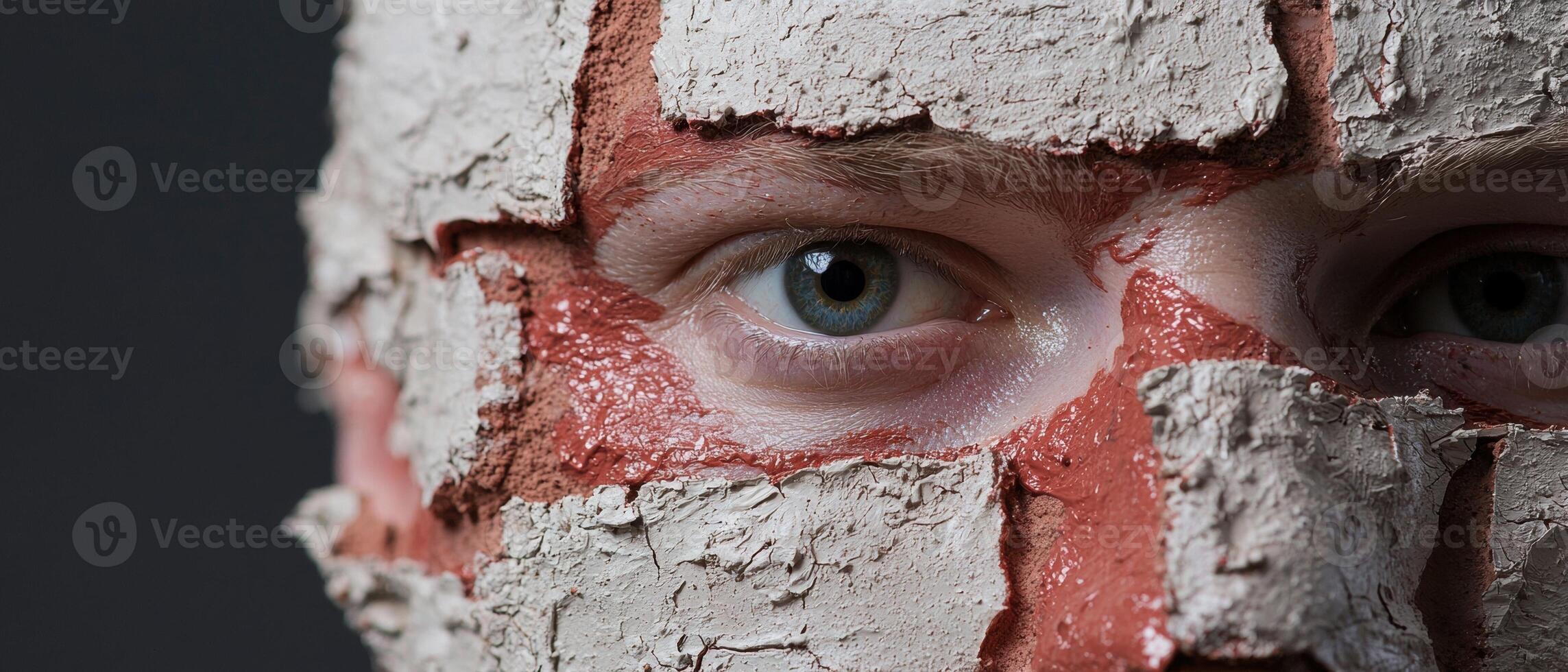 Close up of a persons face covered in cracked paint photo