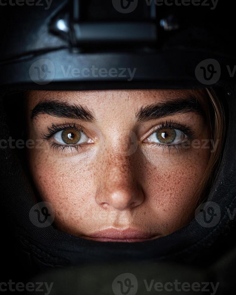 Close up portrait of a woman with freckles wearing a helmet photo