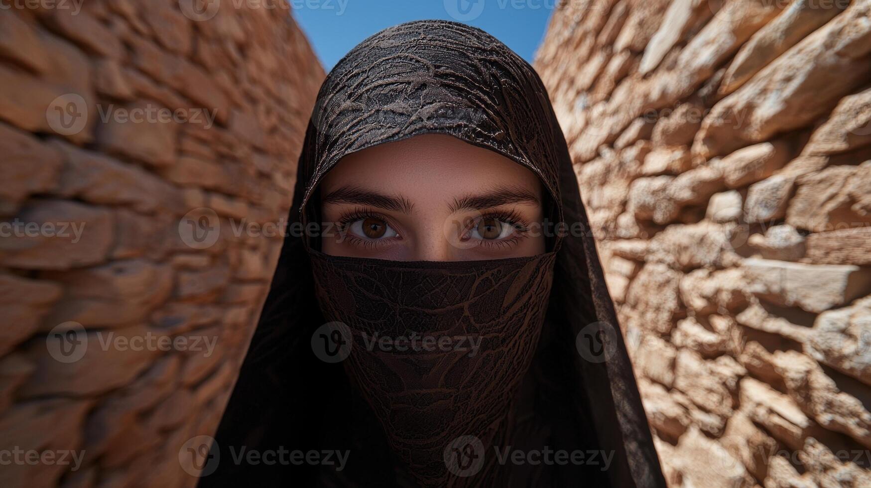 A woman wearing a traditional face covering in a desert environment photo