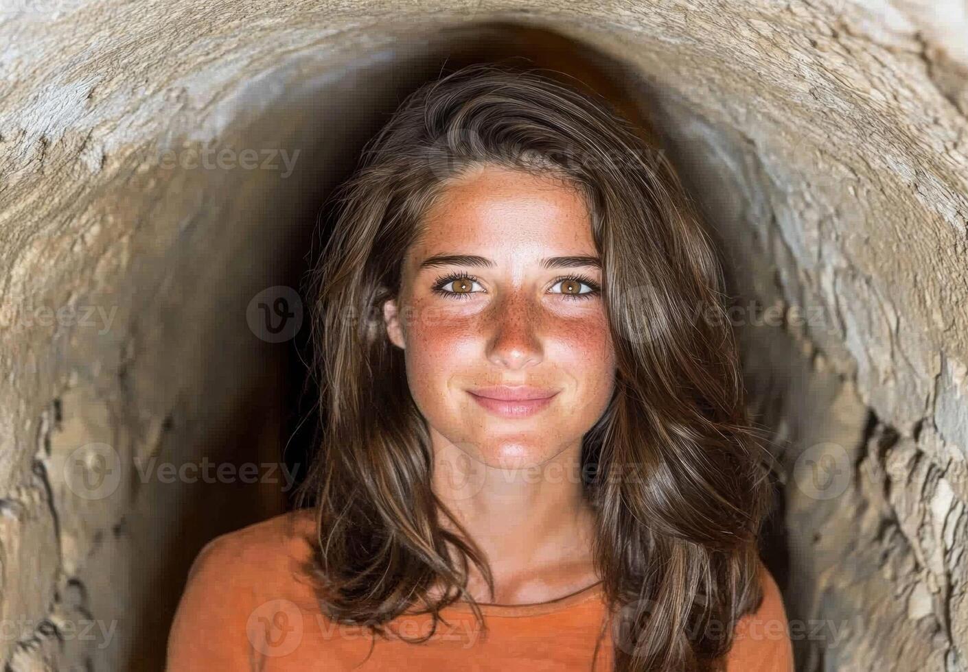 Smiling woman with freckles in a tunnel photo