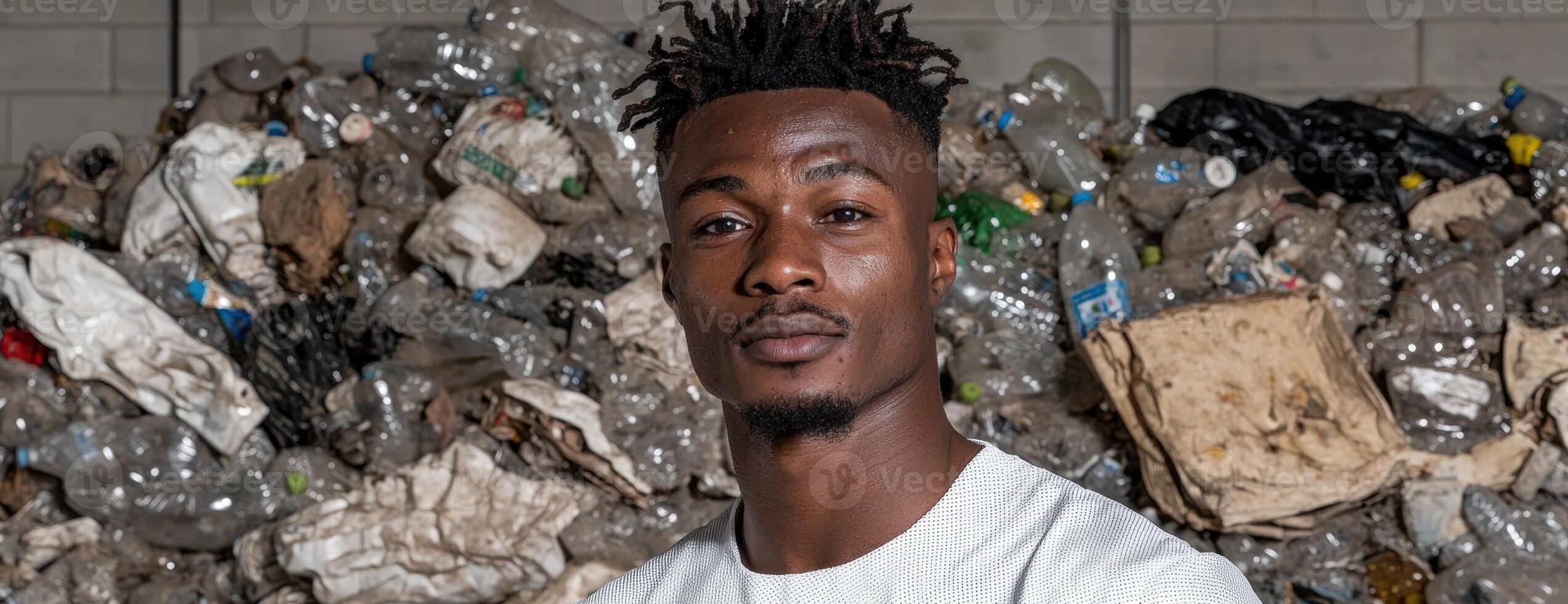 A man stands in front of a pile of plastic bottles, highlighting environmental issues and recycling photo