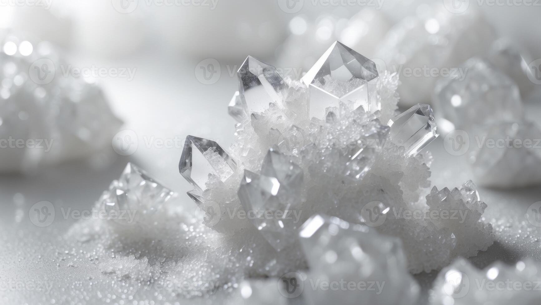 Close up of white sugar crystals with sparkling effect and irregular shapes photo