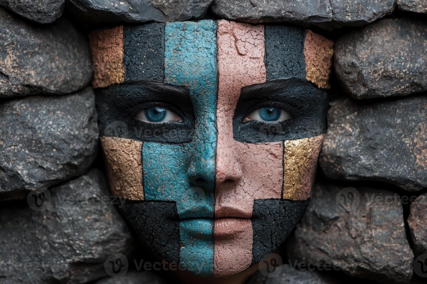 A person with colorful face paint emerges from a stone wall photo