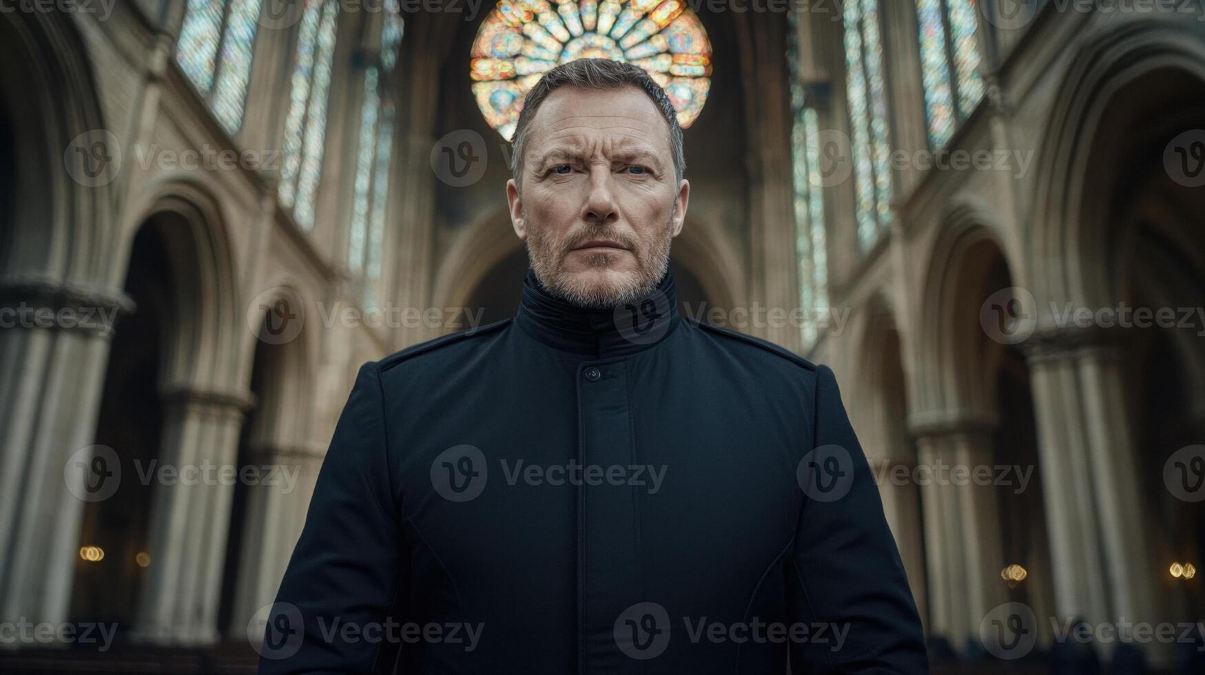 A man in a black coat stands in a cathedral photo