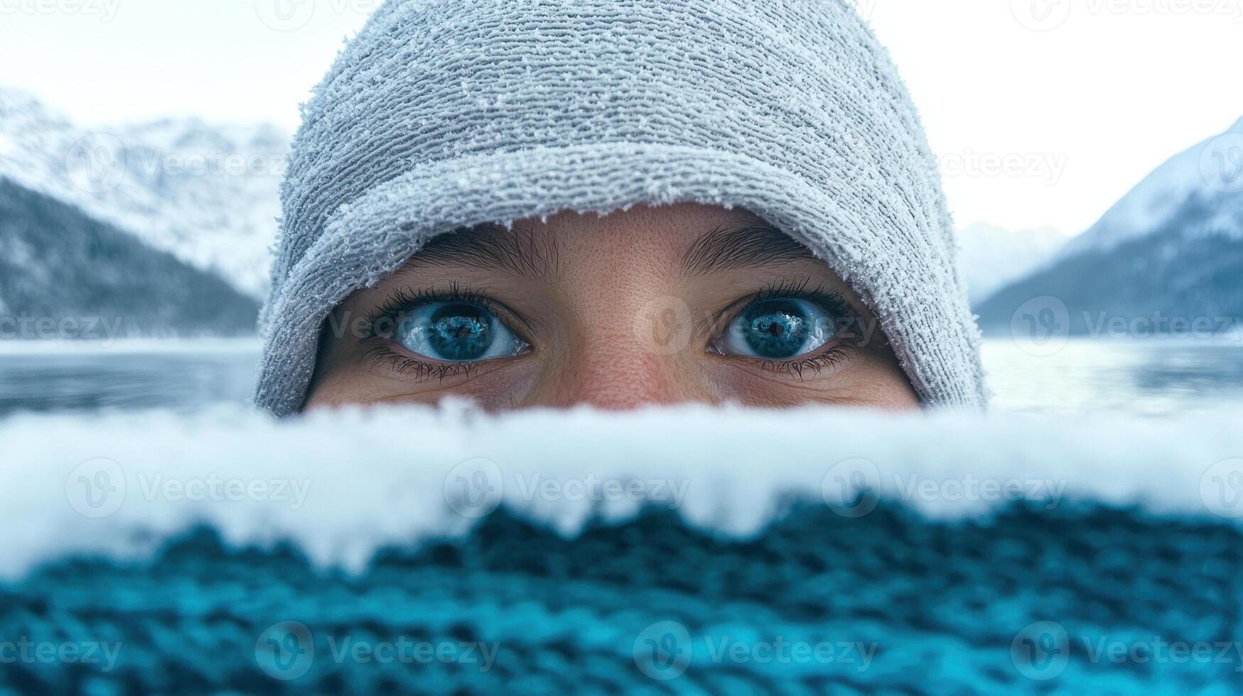 Person with blue eyes in winter landscape peeking over a scarf photo