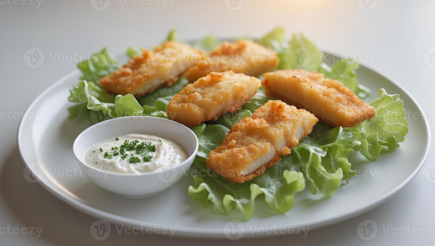 Crispy Fried Fish Fillets with Fresh Lettuce and Creamy Dip Sauce photo