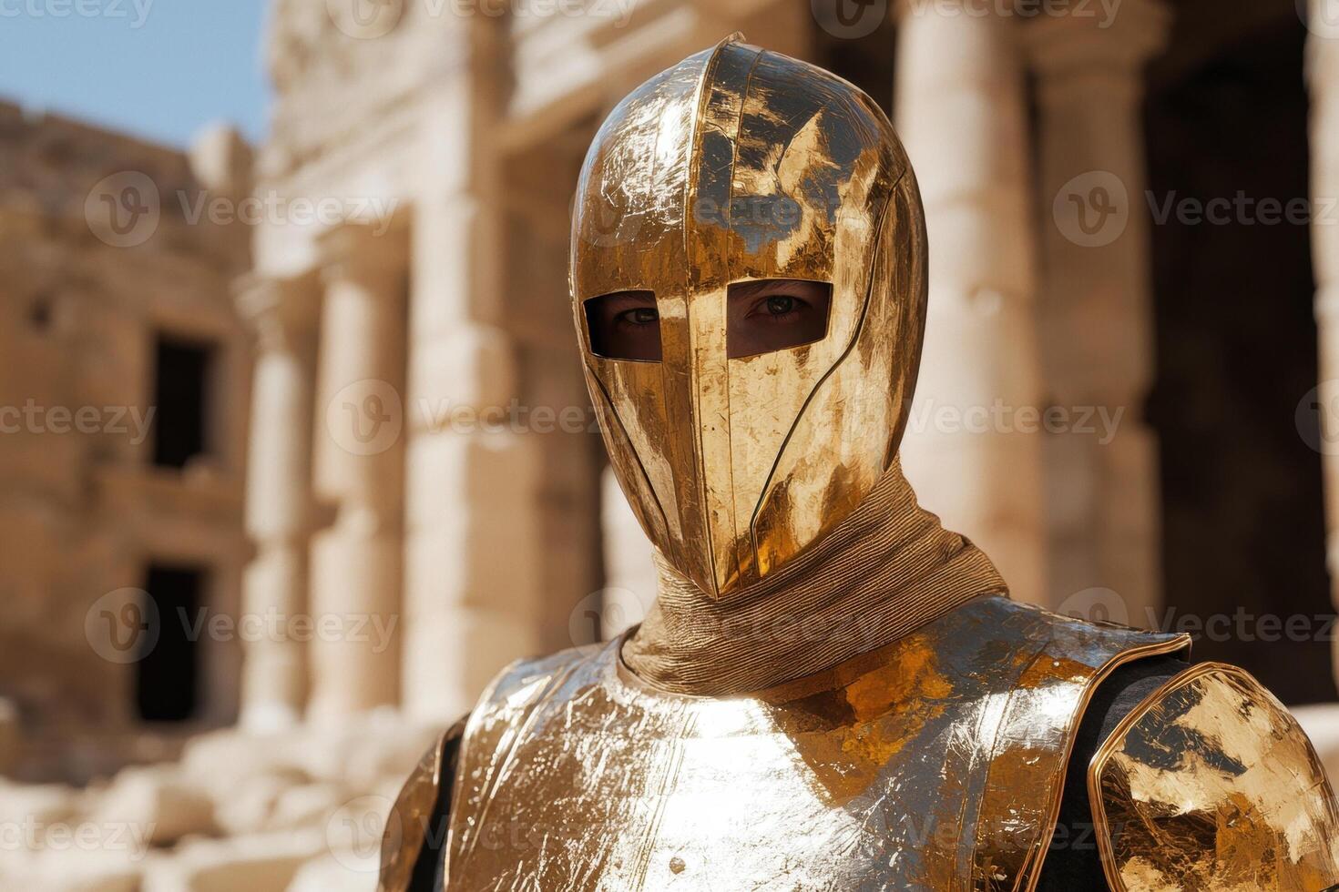 A person in golden armor standing in front of ancient ruins photo