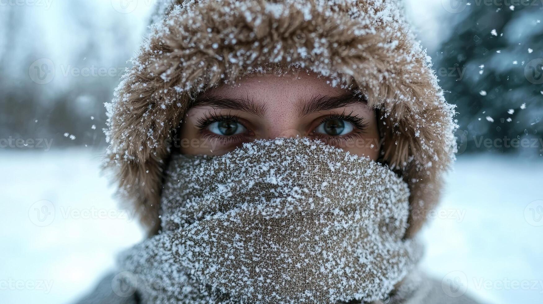 A person bundled up in winter clothing covered in snow photo