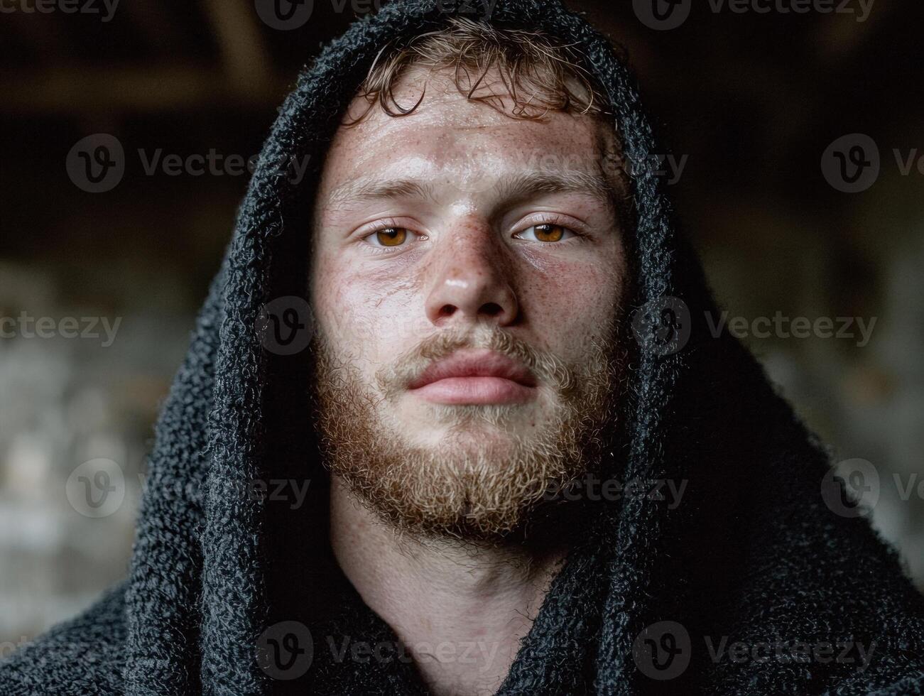 A man with a beard and freckles wearing a hood photo