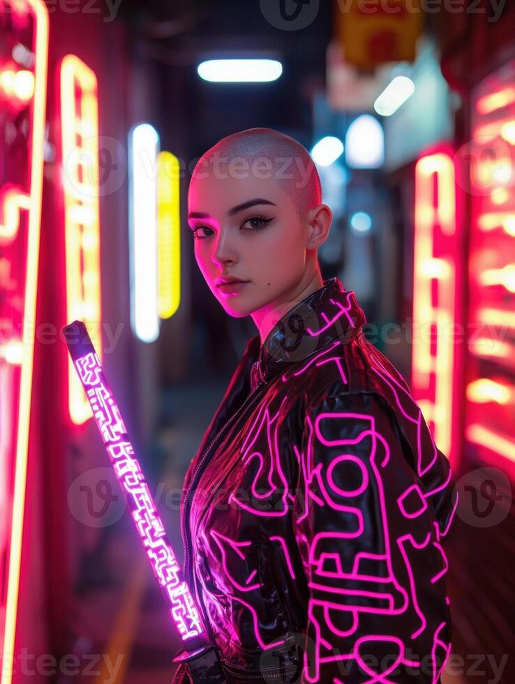 A woman with a shaved head poses with a neon sword in a futuristic alley photo