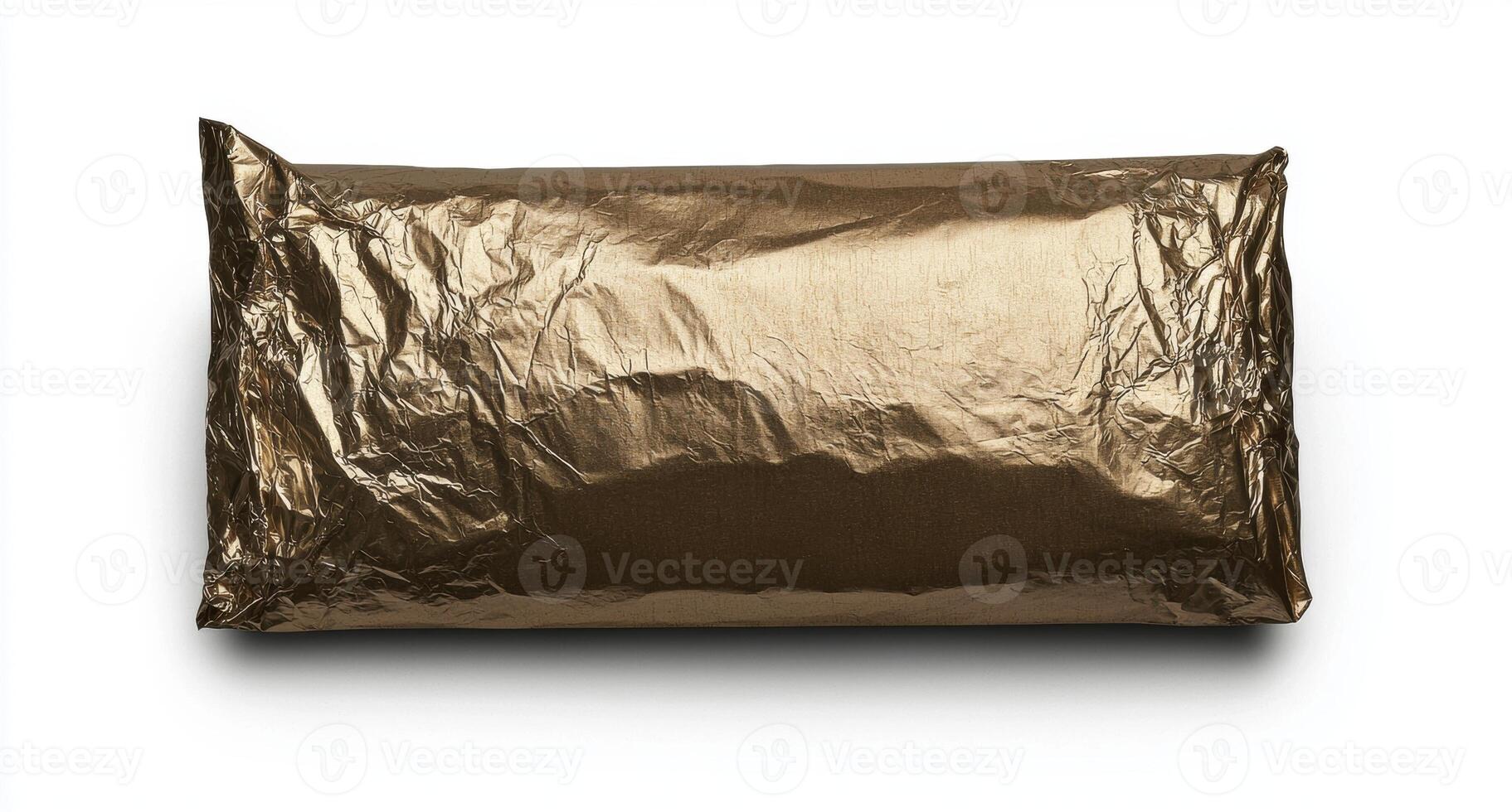 A gold foil wrapped rectangular object on a white background photo