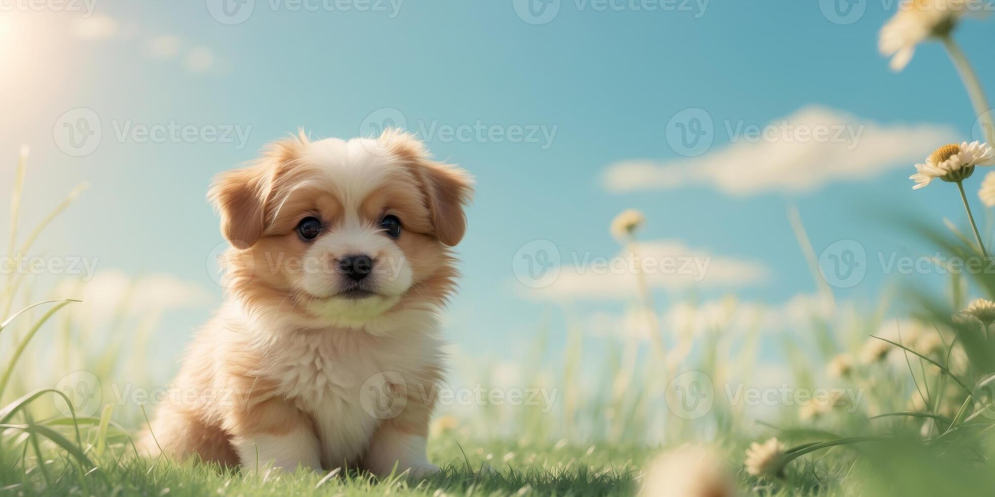 Adorable fluffy puppy sitting outdoors on a sunny day. photo
