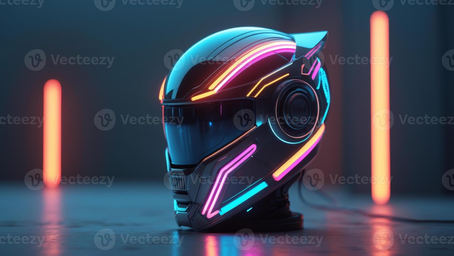 A highly advanced and futuristic cybernetic helmet featuring vibrant neon lights in various colors photo