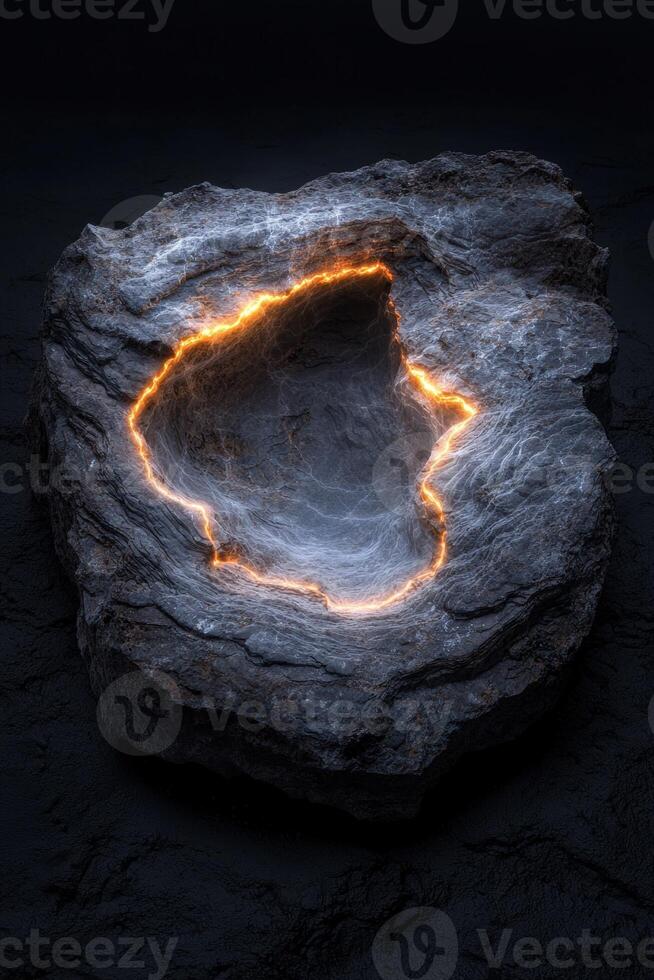 Glowing rock formation with a fiery core photo