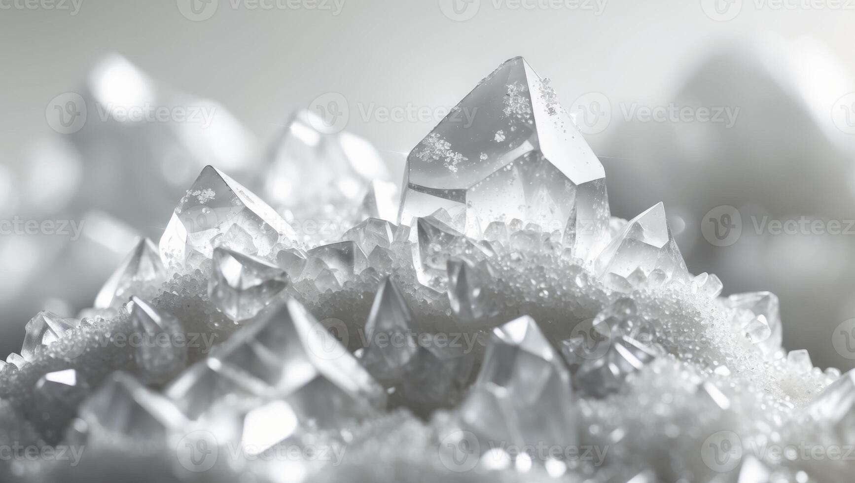 Close up of white sugar crystals with sparkling effect and irregular shapes. photo